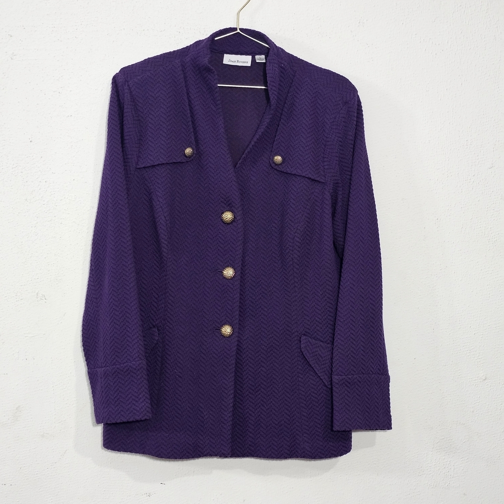 Joan Rivers Women's Purple Knit Jacket Blazer, Size L. Gold Button Front Vintage